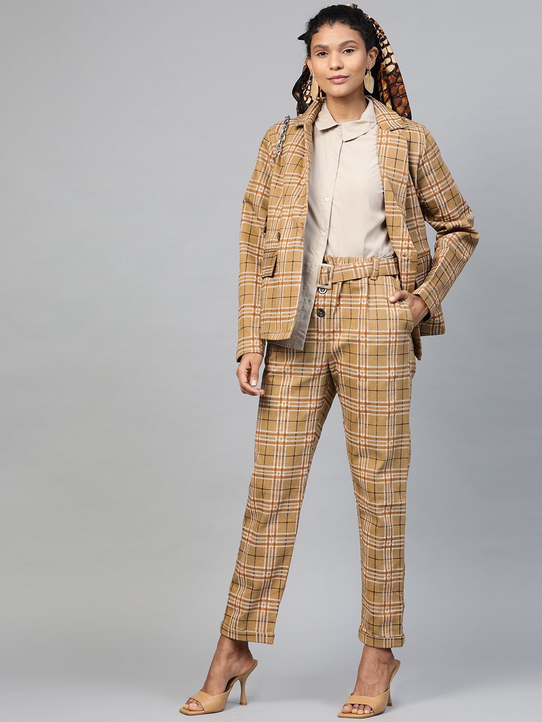 Women's Beige Check Wrap Twill Blazer - SASSAFRAS