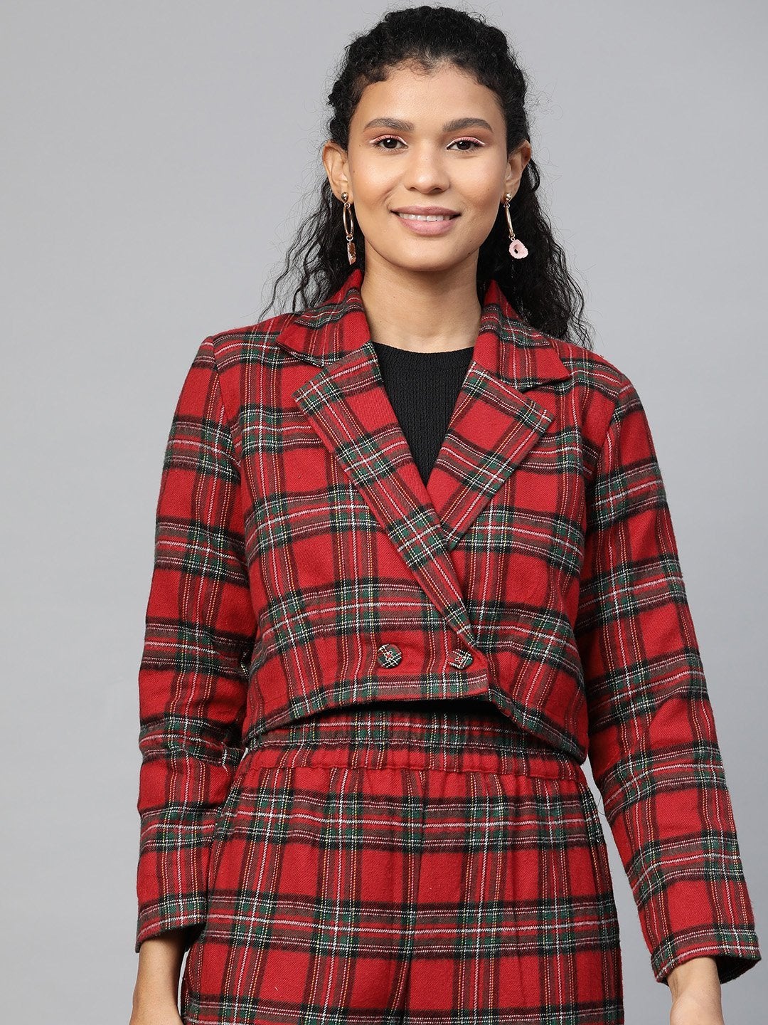 Women's Red Check Crop Blazer - SASSAFRAS