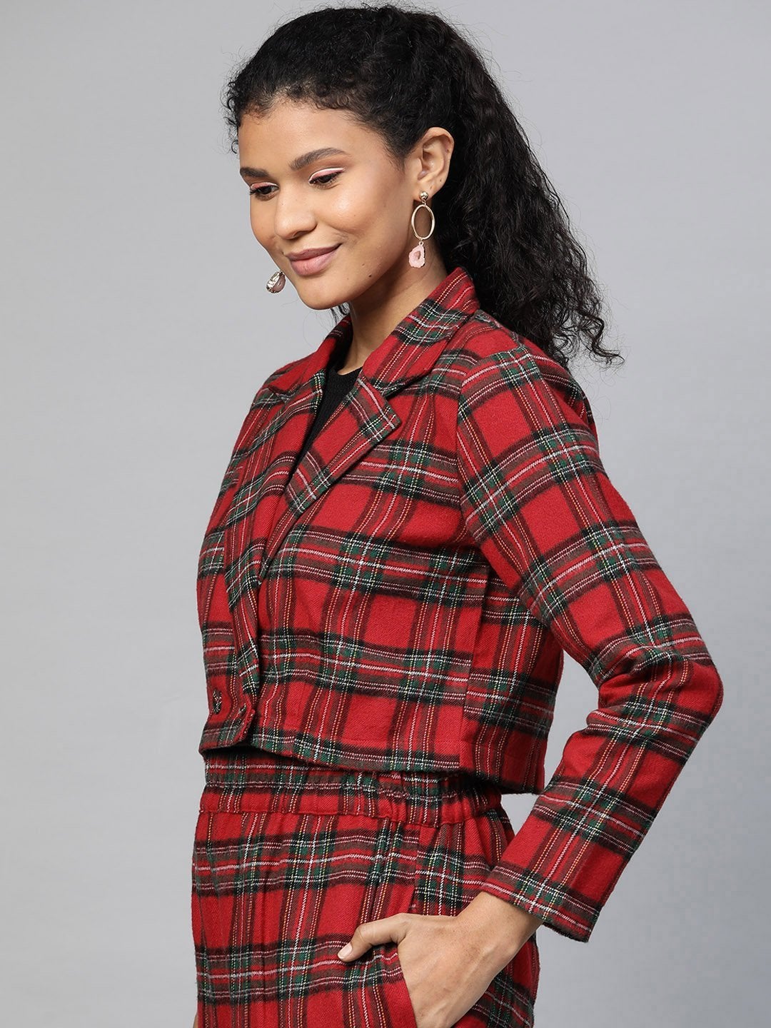 Women's Red Check Crop Blazer - SASSAFRAS