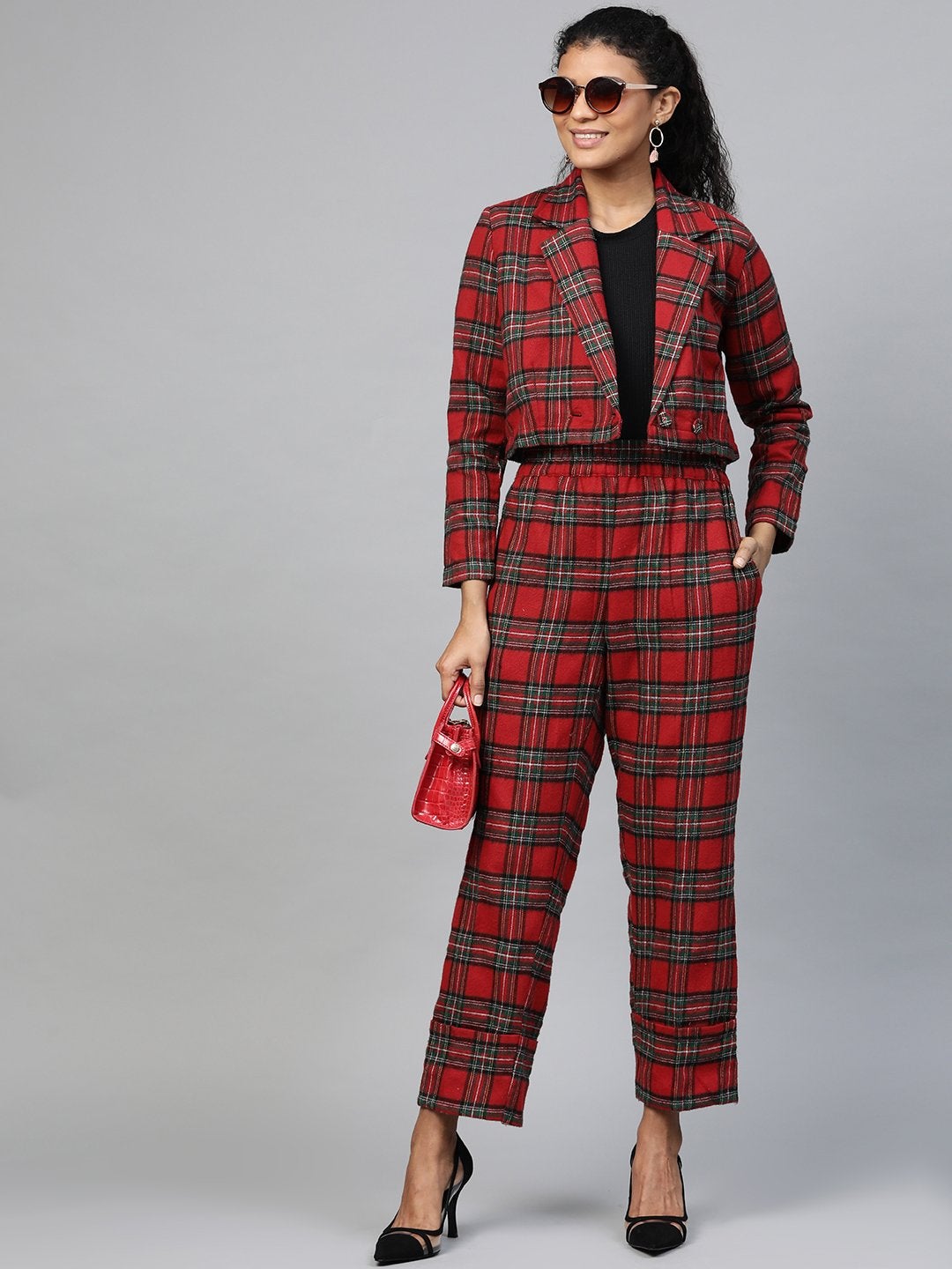 Women's Red Check Crop Blazer - SASSAFRAS