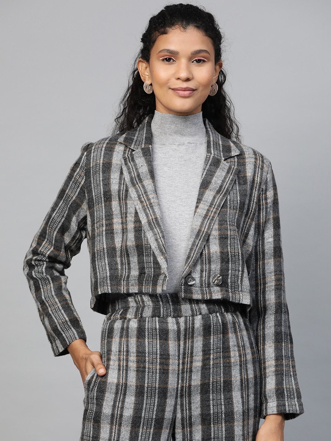 Women's Grey Check Crop Blazer - SASSAFRAS