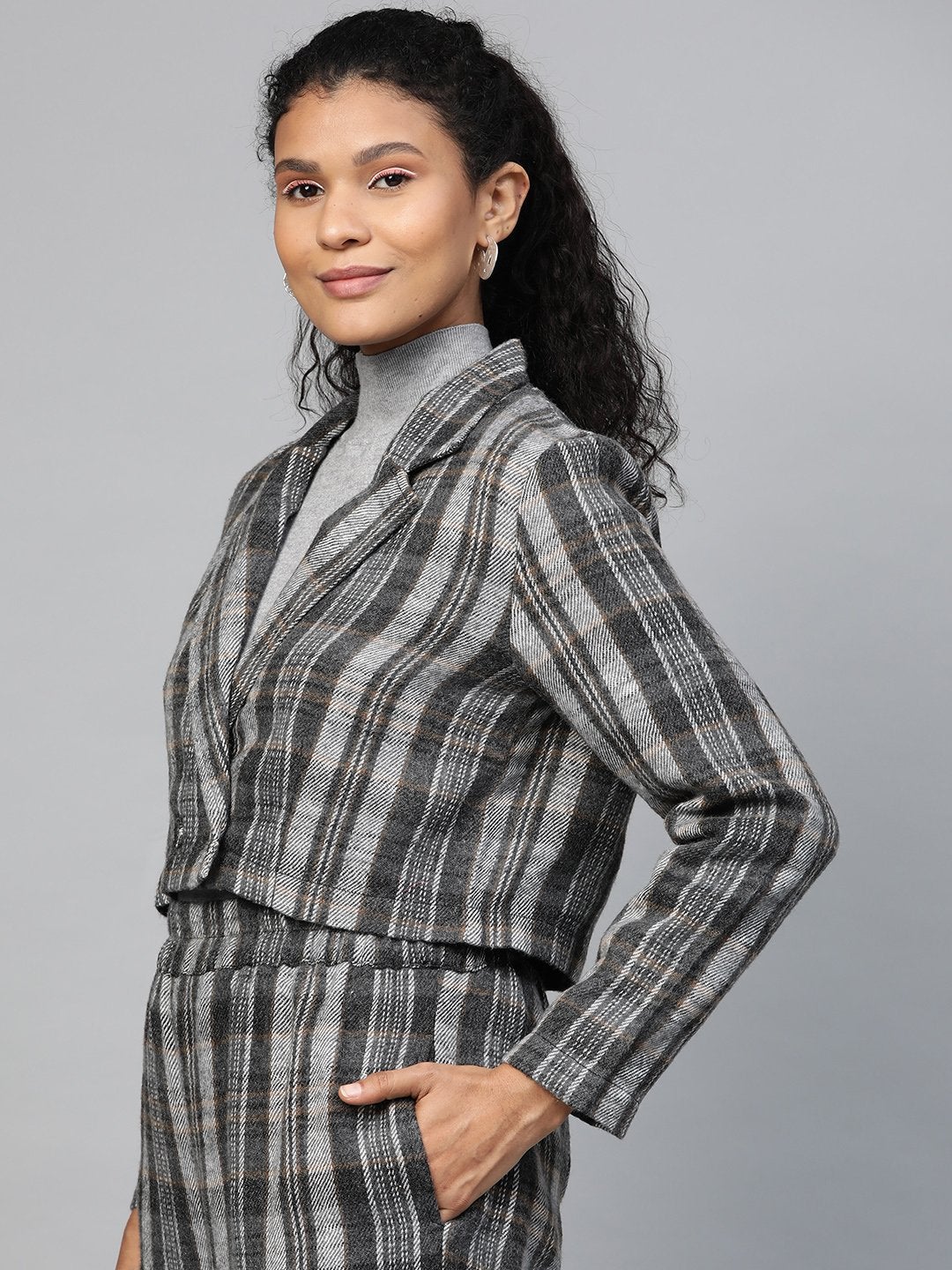 Women's Grey Check Crop Blazer - SASSAFRAS