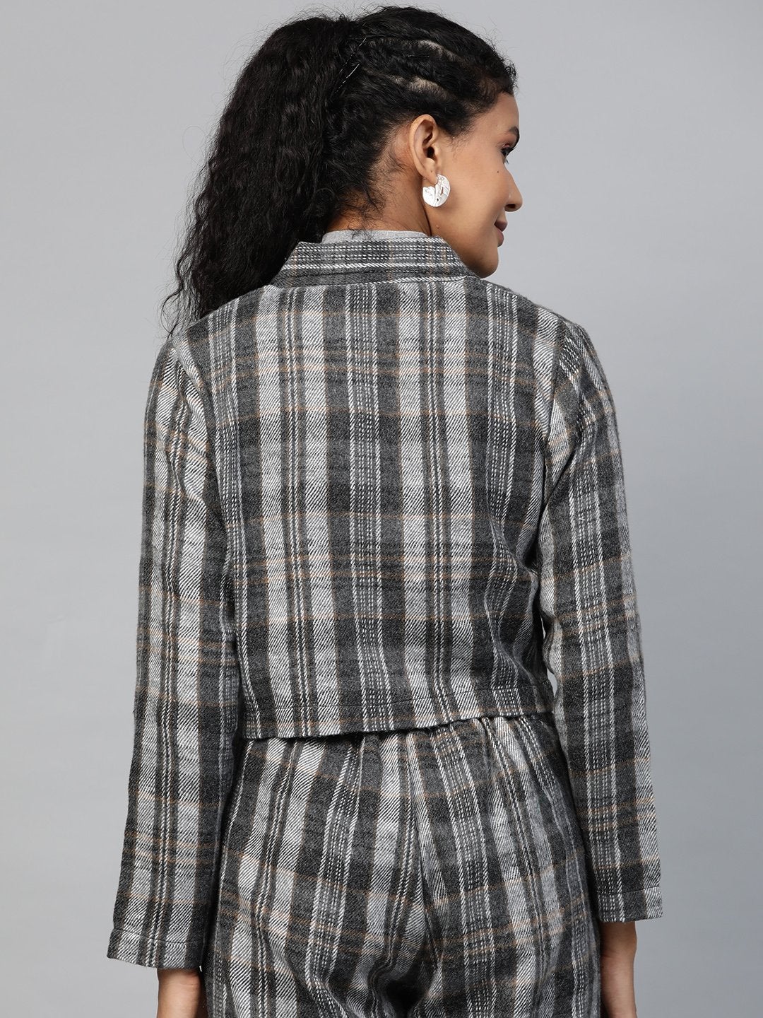 Women's Grey Check Crop Blazer - SASSAFRAS