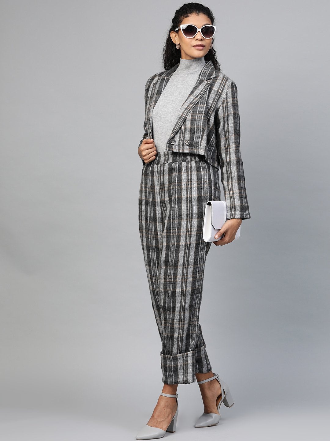 Women's Grey Check Crop Blazer - SASSAFRAS