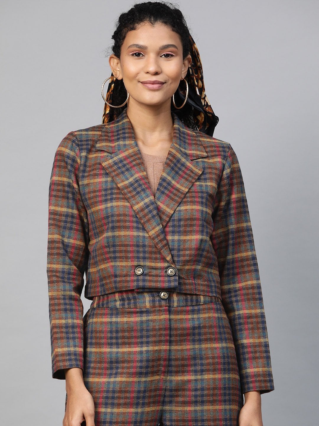 Women's Multicolor Jacquard Check Crop Blazer - SASSAFRAS