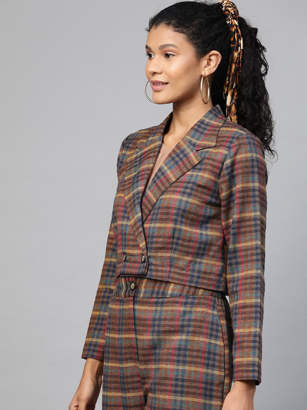 Women's Multicolor Jacquard Check Crop Blazer - SASSAFRAS