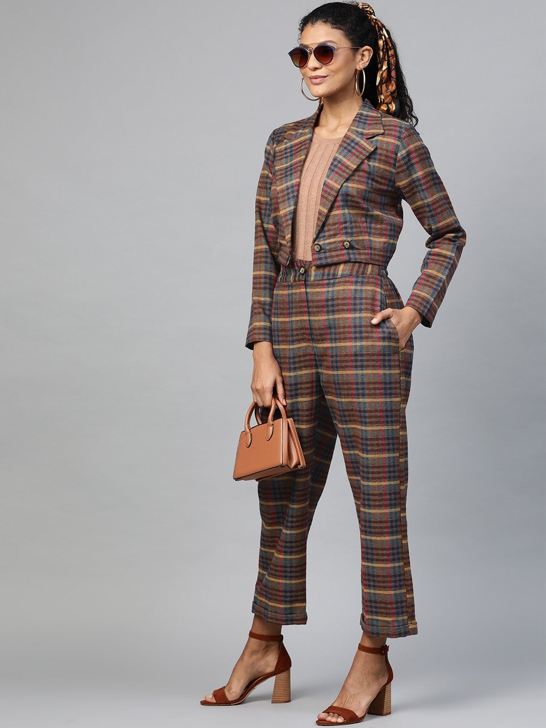 Women's Multicolor Jacquard Check Crop Blazer - SASSAFRAS