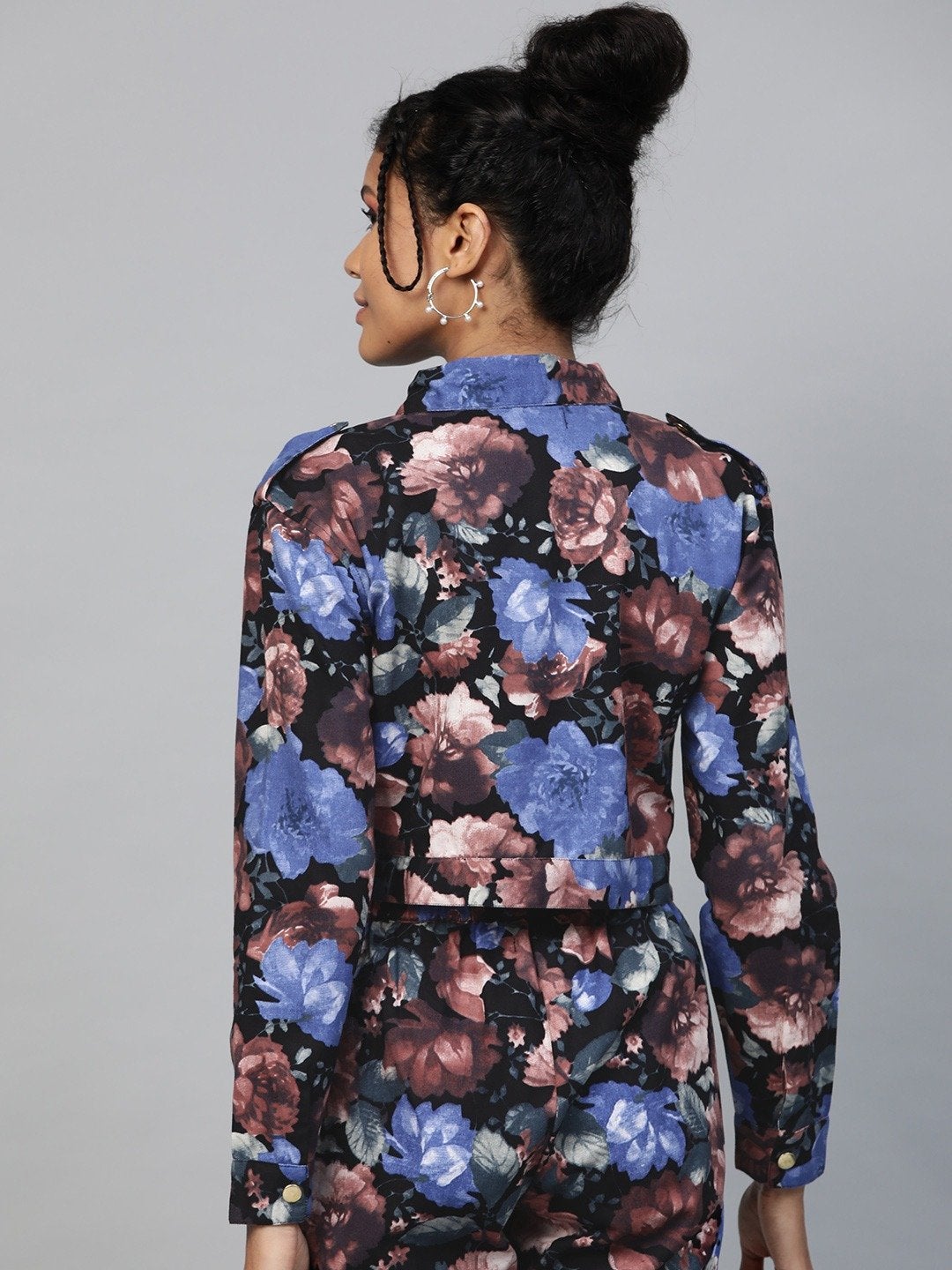 Women's Blue Floral Crop Twill Jacket - SASSAFRAS