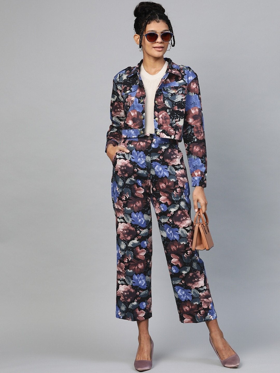 Women's Blue Floral Crop Twill Jacket - SASSAFRAS