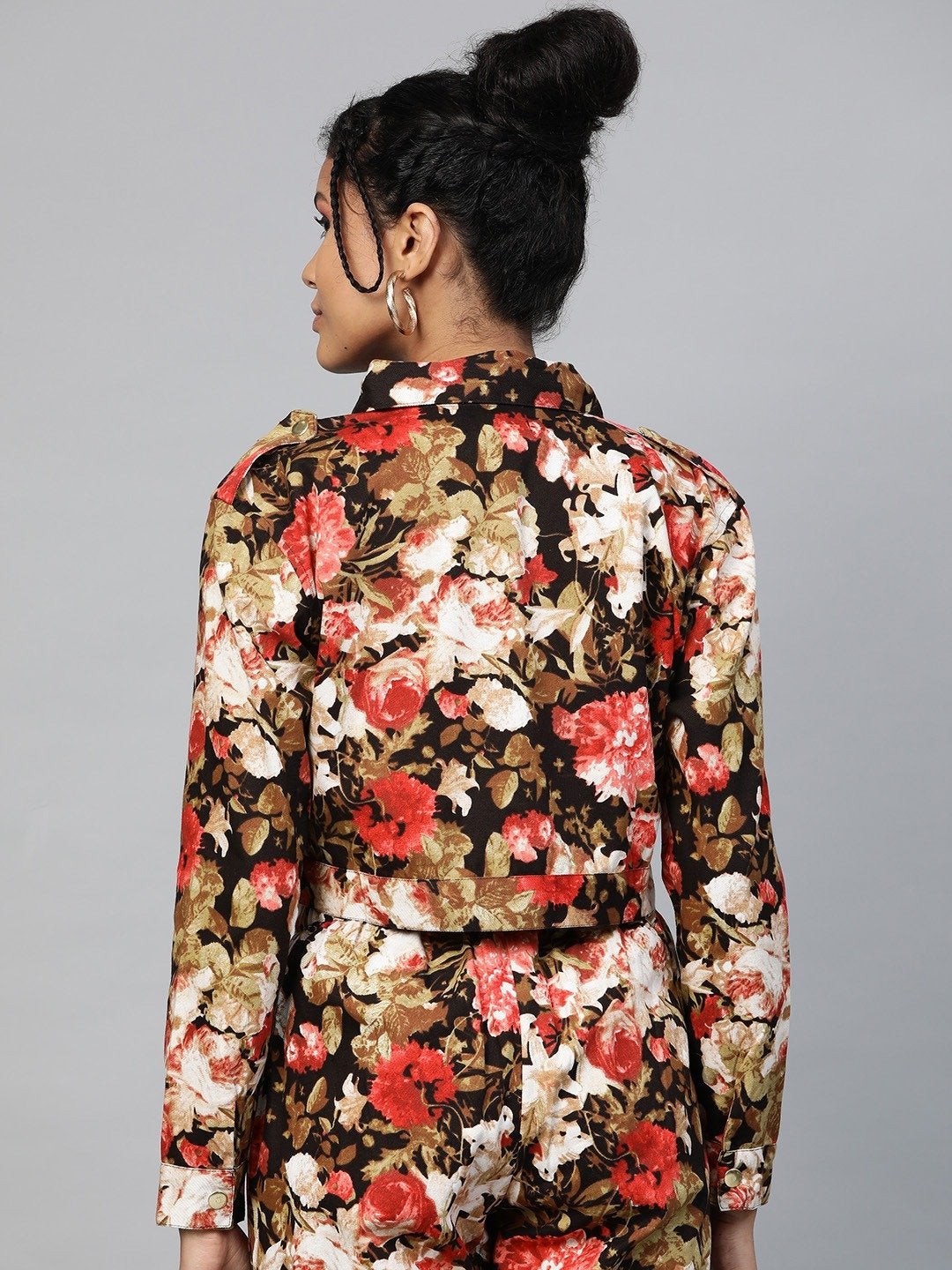 Women's Red Floral Crop Twill Jacket - SASSAFRAS