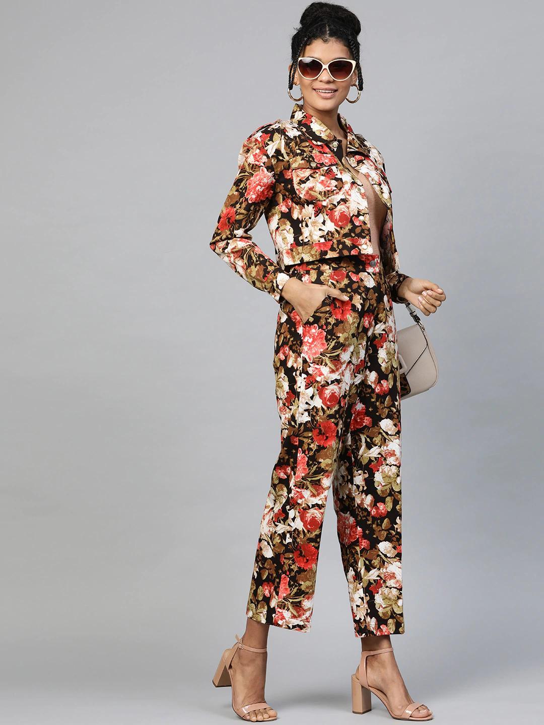 Women's Red Floral Crop Twill Jacket - SASSAFRAS