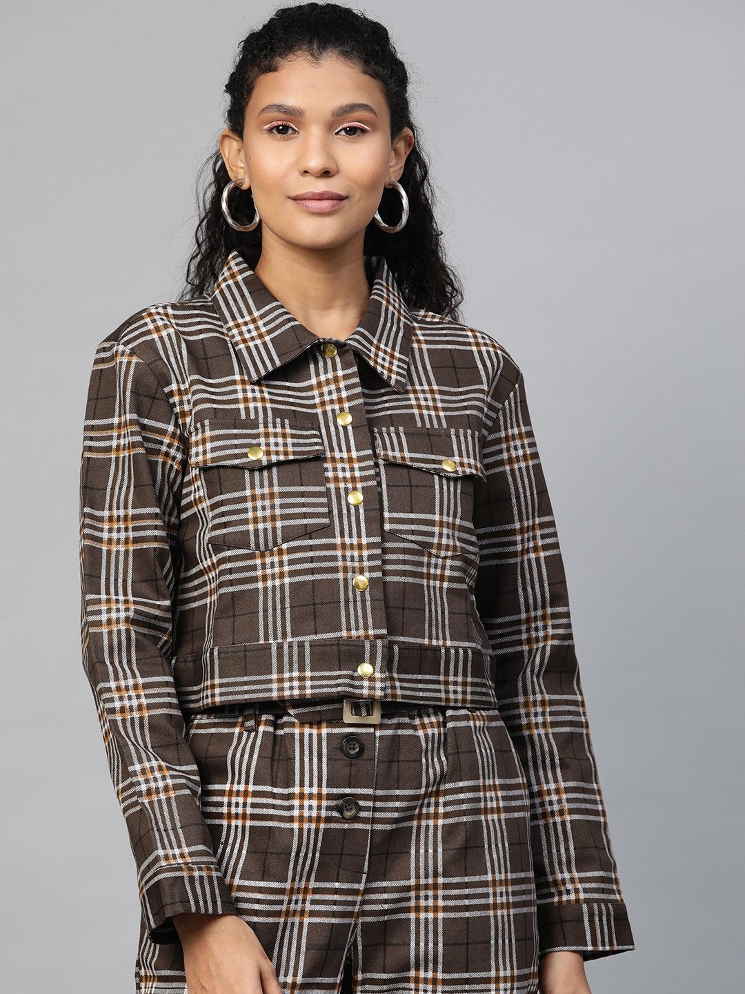 Women's Brown Check Crop Twill Jacket - SASSAFRAS