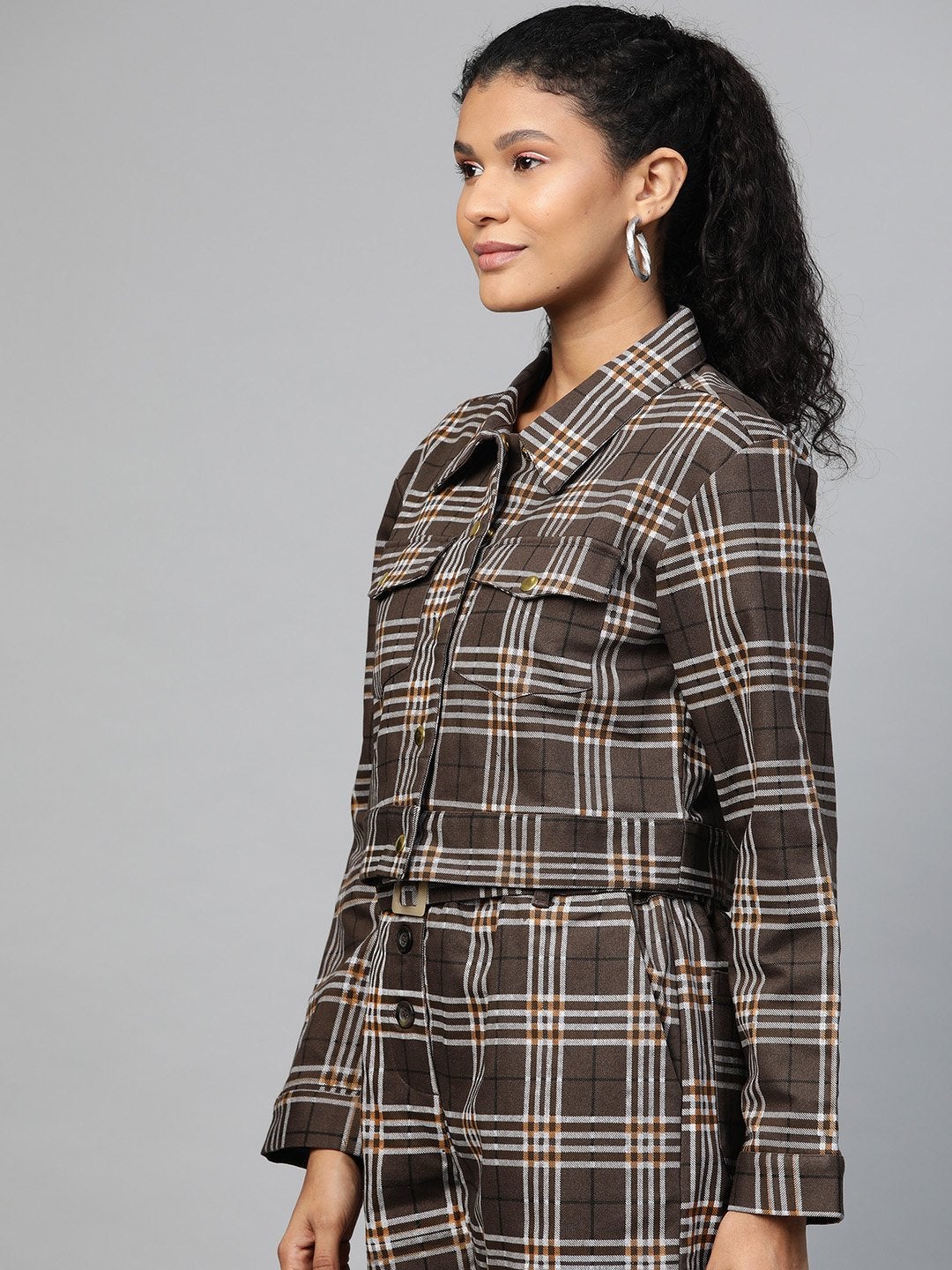 Women's Brown Check Crop Twill Jacket - SASSAFRAS