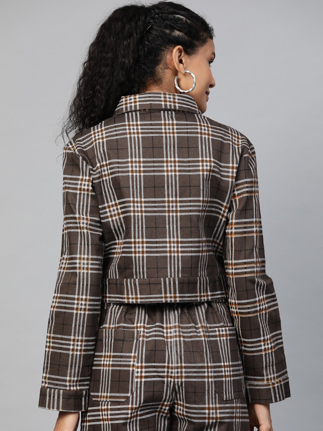 Women's Brown Check Crop Twill Jacket - SASSAFRAS