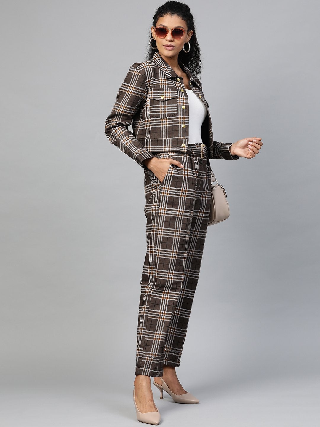 Women's Brown Check Crop Twill Jacket - SASSAFRAS