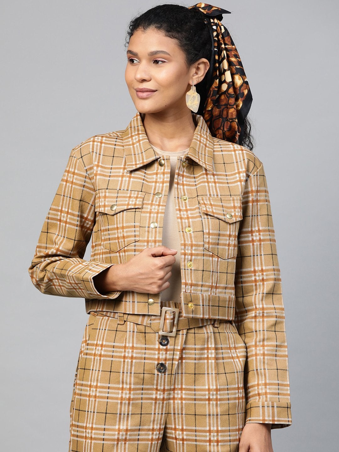 Women's Beige Check Crop Twill Jacket - SASSAFRAS