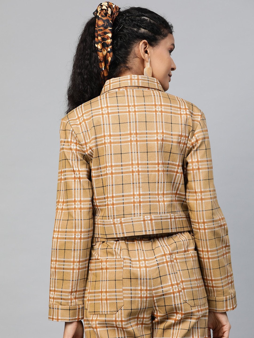 Women's Beige Check Crop Twill Jacket - SASSAFRAS