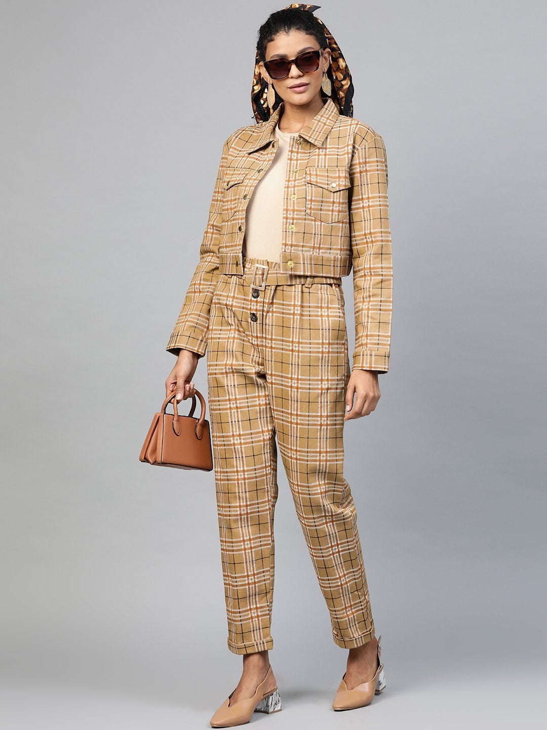 Women's Beige Check Crop Twill Jacket - SASSAFRAS