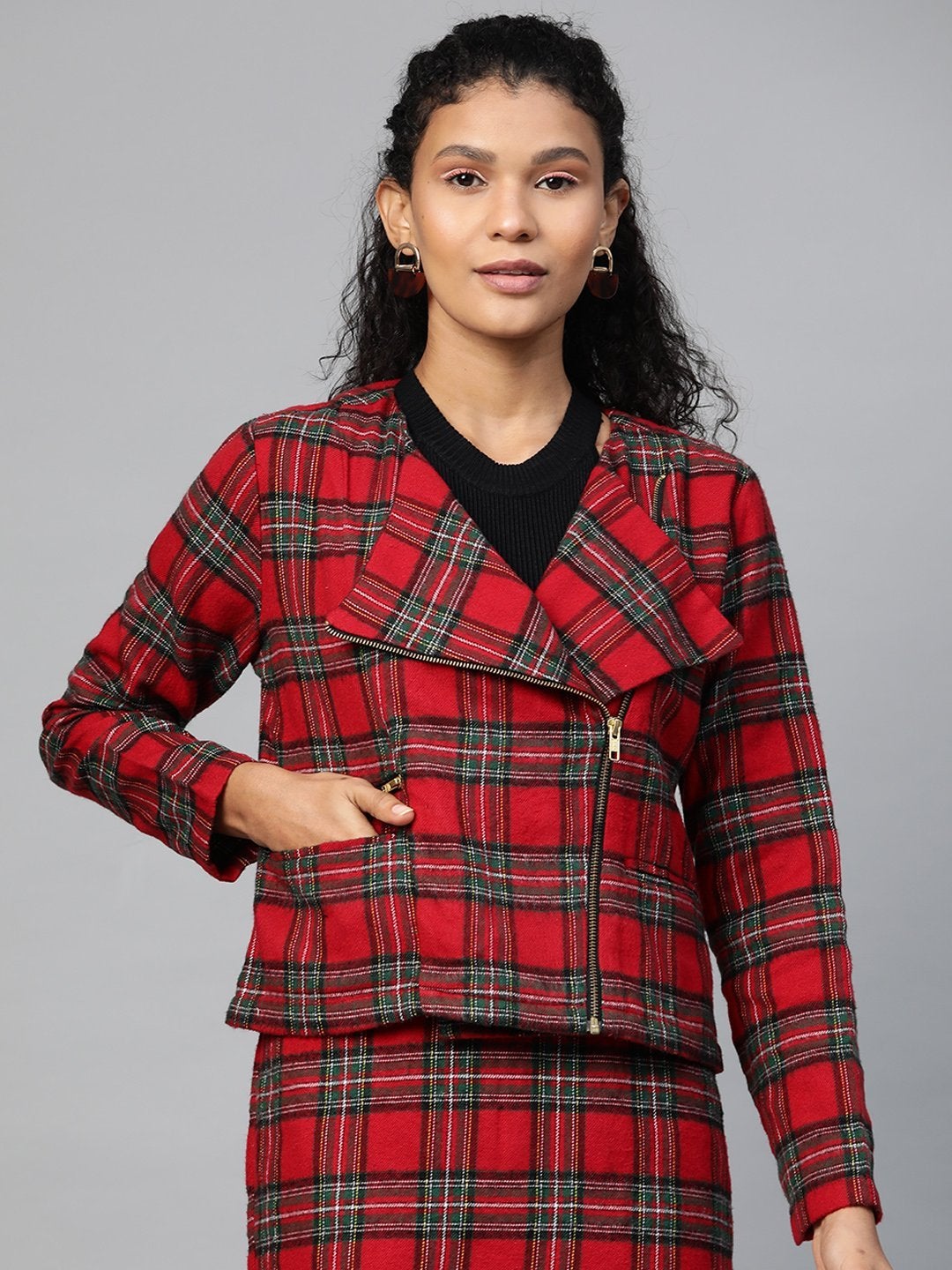 Women's Red Check Biker Jacket - SASSAFRAS