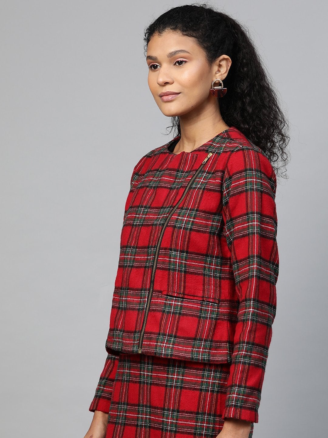 Women's Red Check Biker Jacket - SASSAFRAS