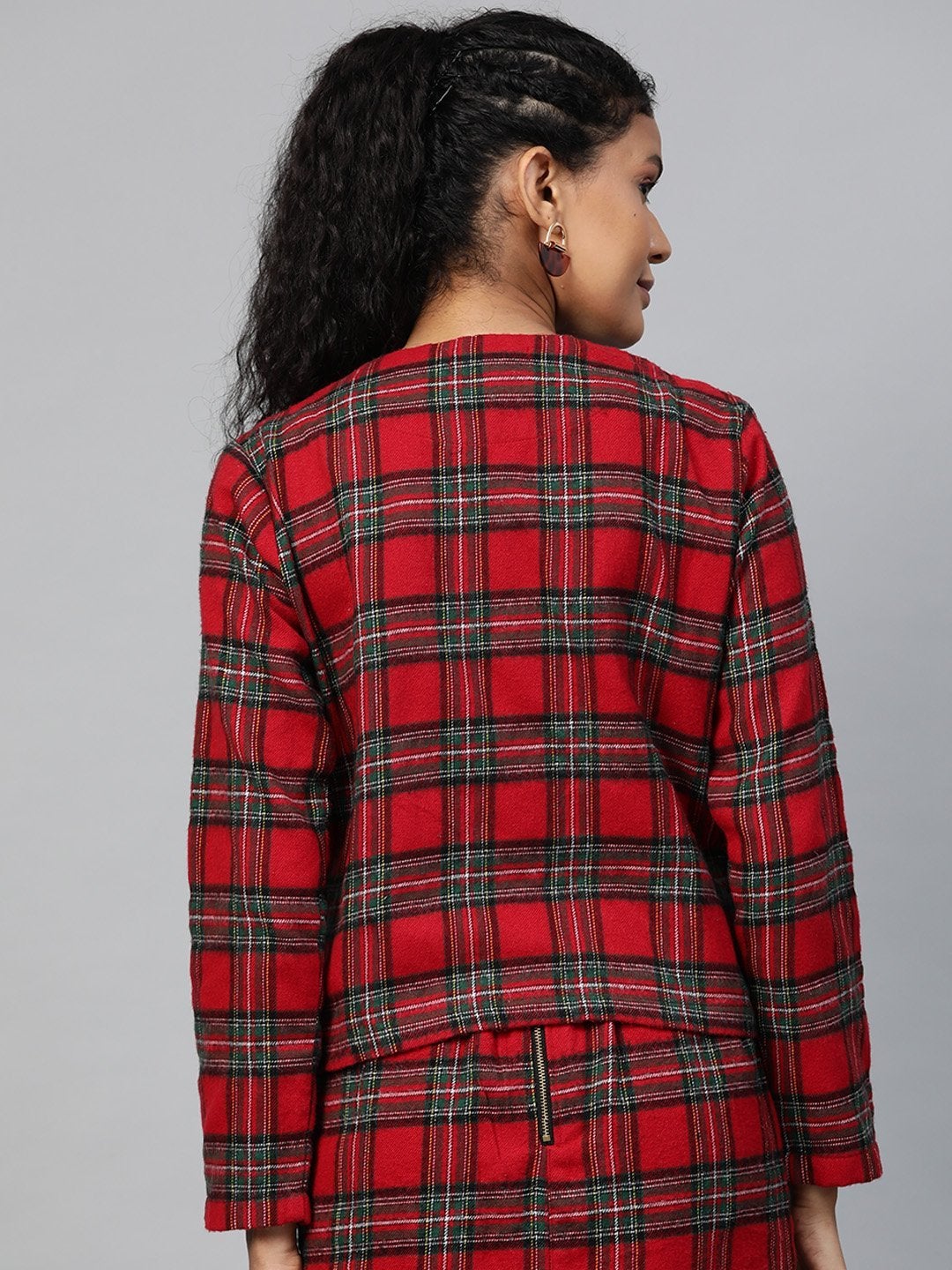 Women's Red Check Biker Jacket - SASSAFRAS