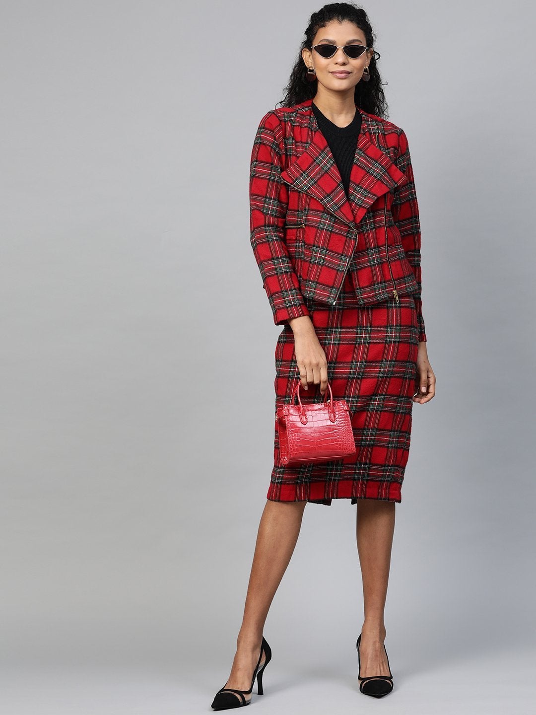 Women's Red Check Biker Jacket - SASSAFRAS