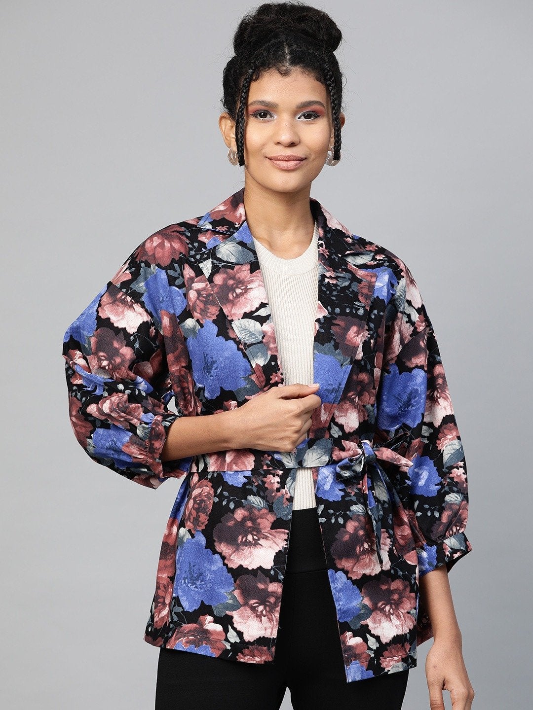 Women's Blue Floral Balloon Belted Twill Jacket - SASSAFRAS