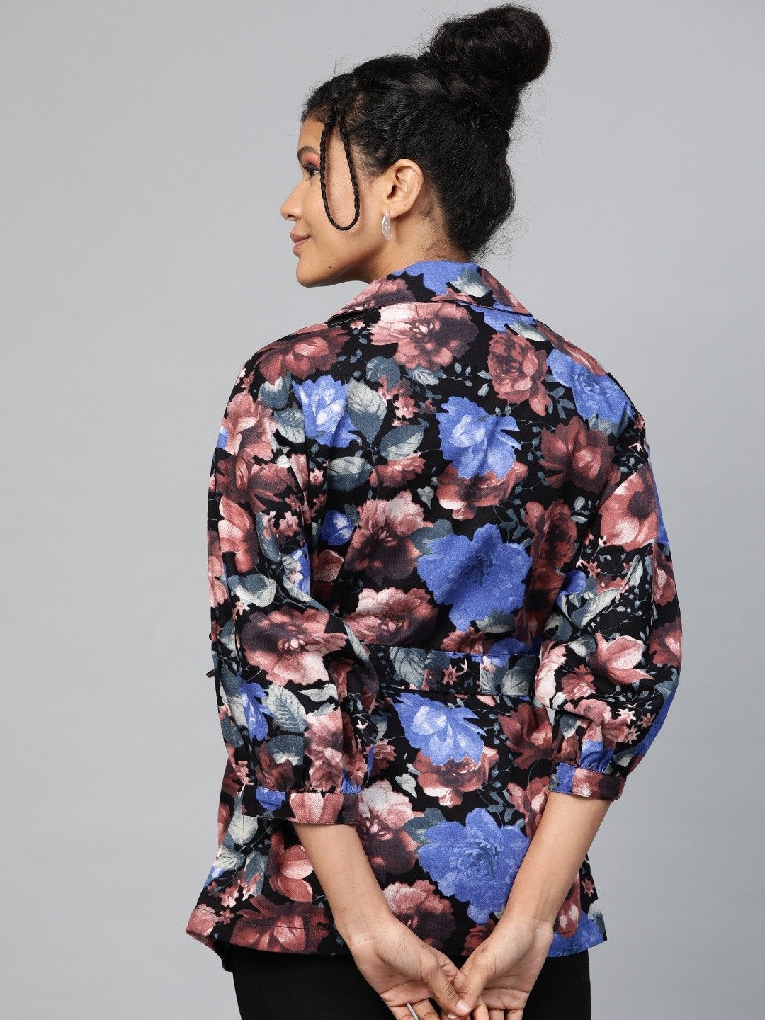 Women's Blue Floral Balloon Belted Twill Jacket - SASSAFRAS