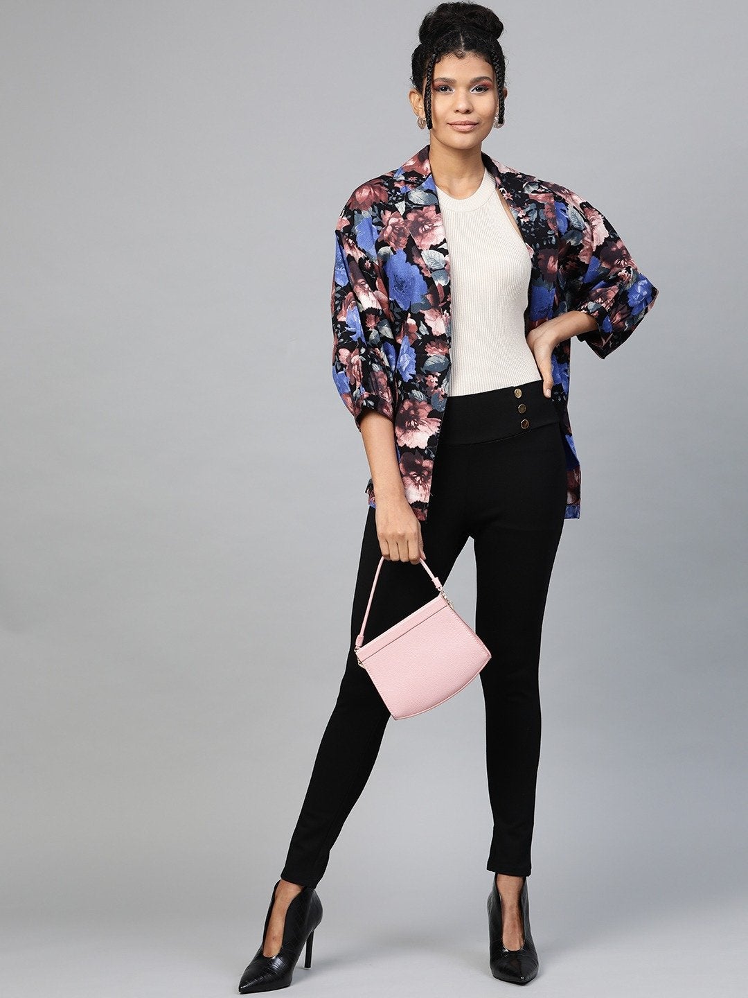 Women's Blue Floral Balloon Belted Twill Jacket - SASSAFRAS