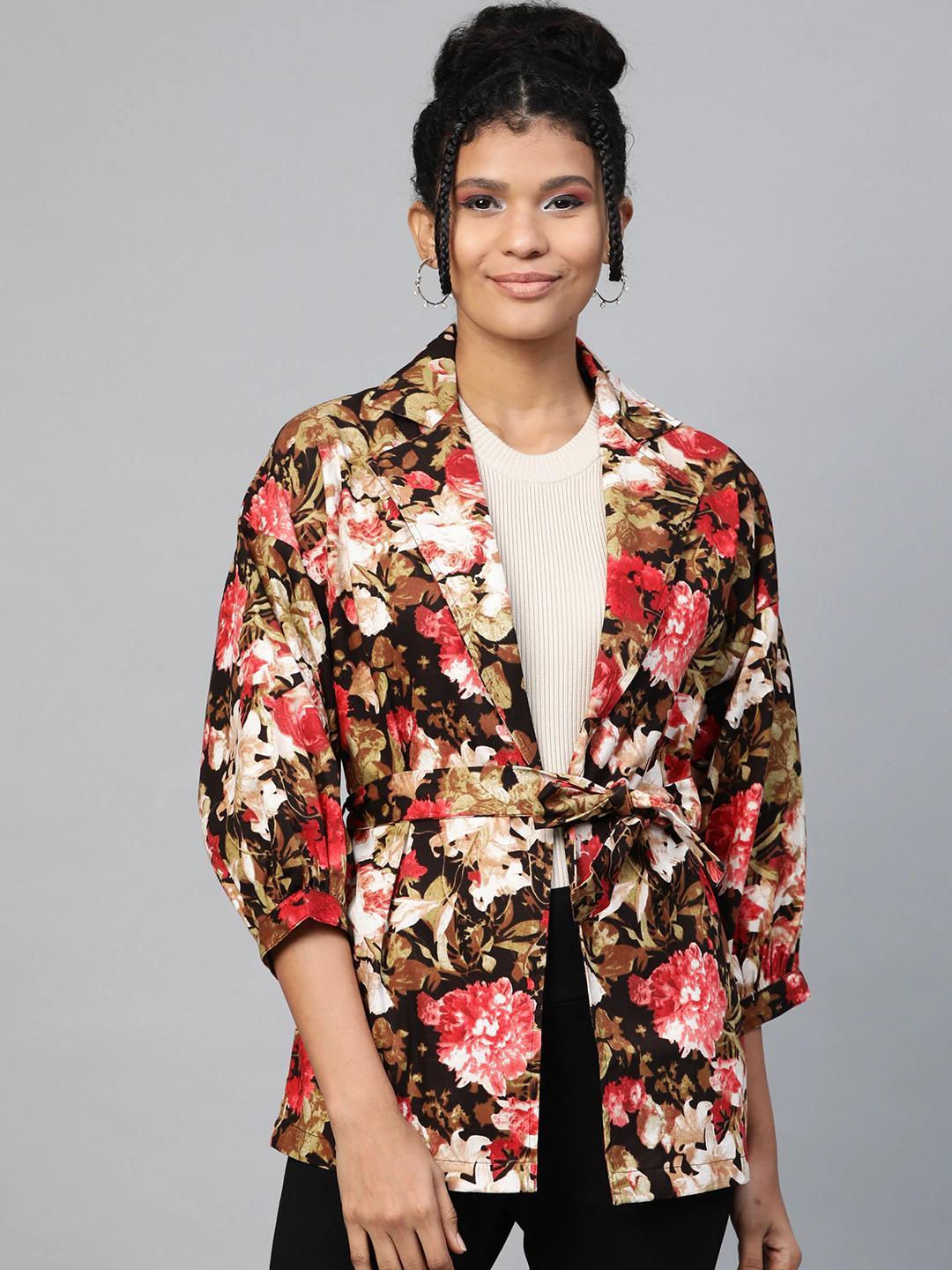 Women's Red Floral Balloon Belted Twill Jacket - SASSAFRAS