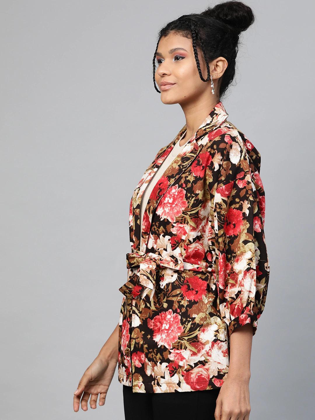 Women's Red Floral Balloon Belted Twill Jacket - SASSAFRAS