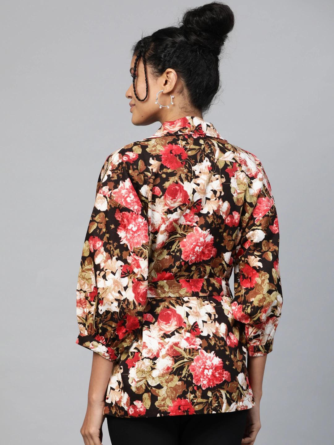 Women's Red Floral Balloon Belted Twill Jacket - SASSAFRAS