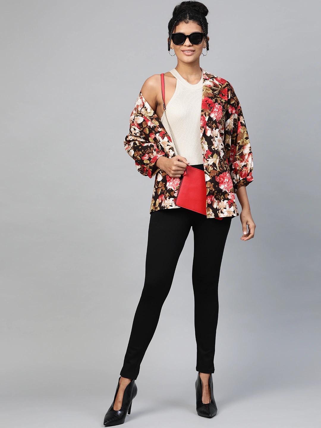 Women's Red Floral Balloon Belted Twill Jacket - SASSAFRAS