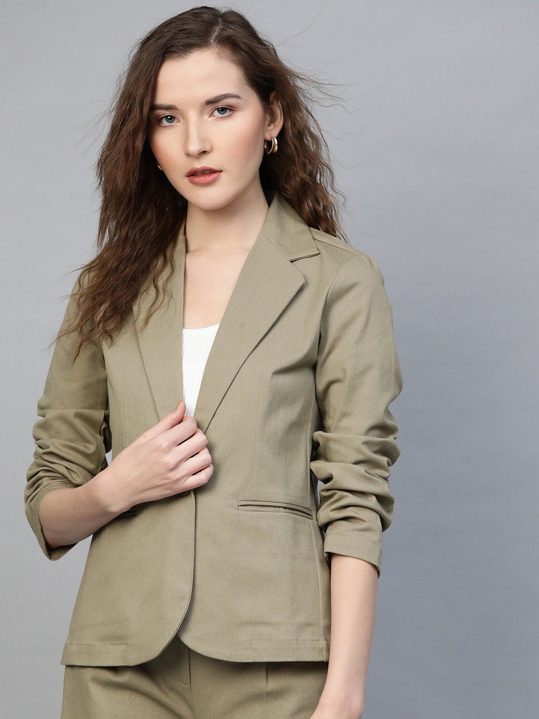 Women's Beige Twill Single Button Classic Blazer - SASSAFRAS