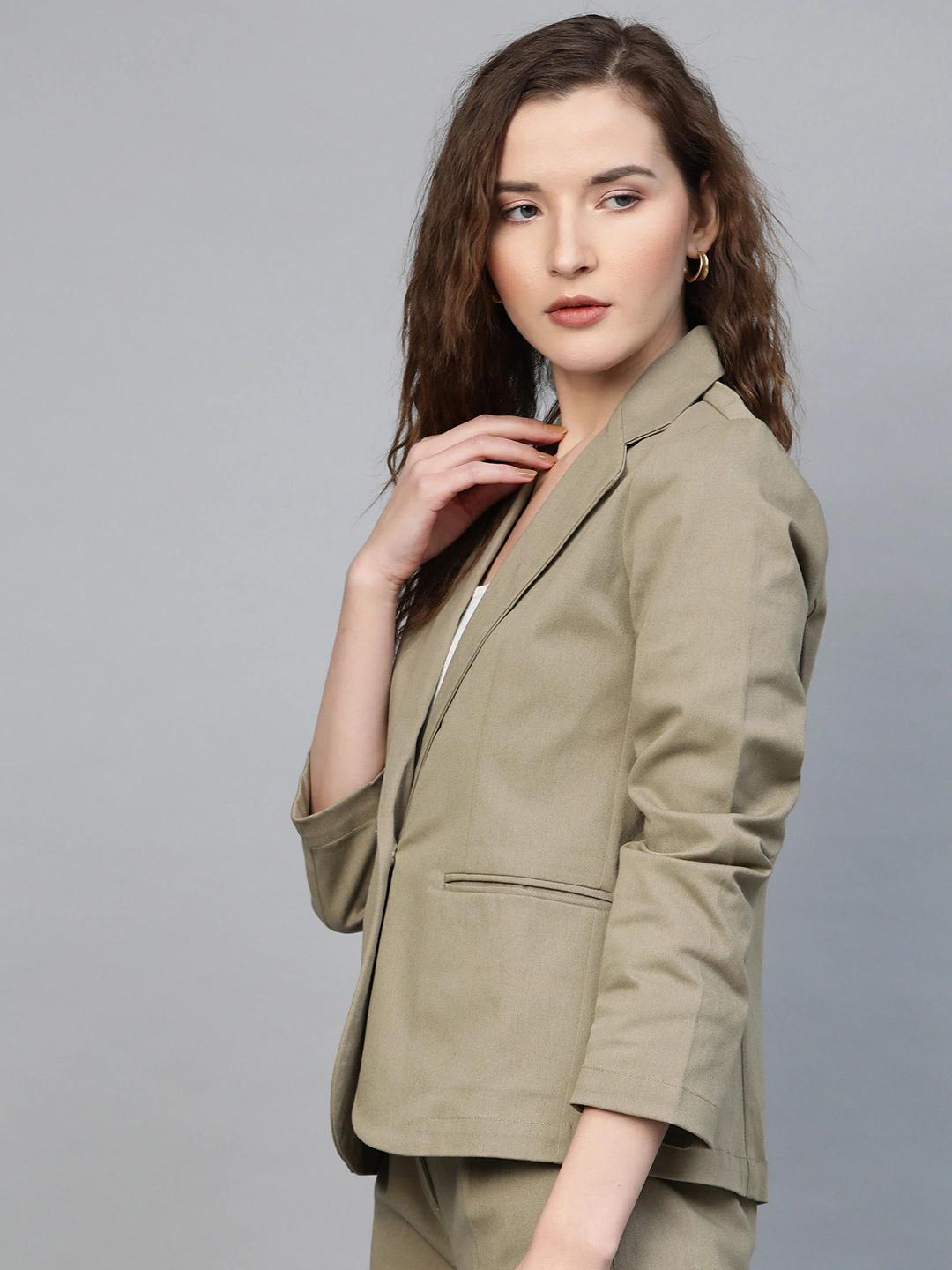 Women's Beige Twill Single Button Classic Blazer - SASSAFRAS