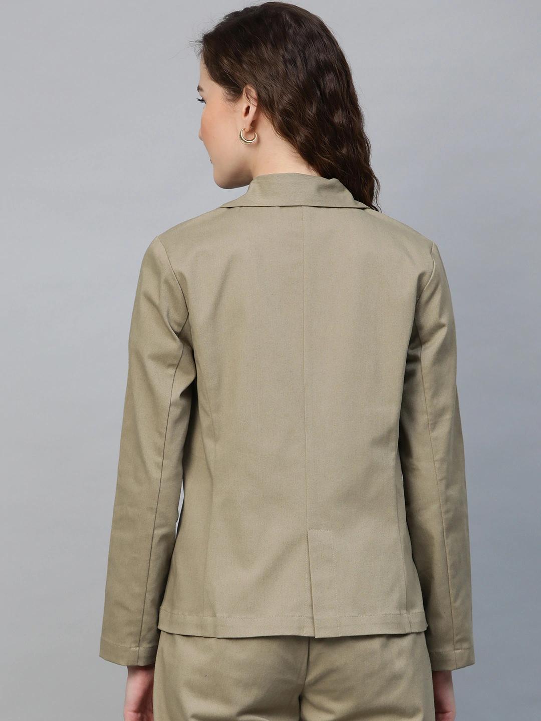 Women's Beige Twill Single Button Classic Blazer - SASSAFRAS