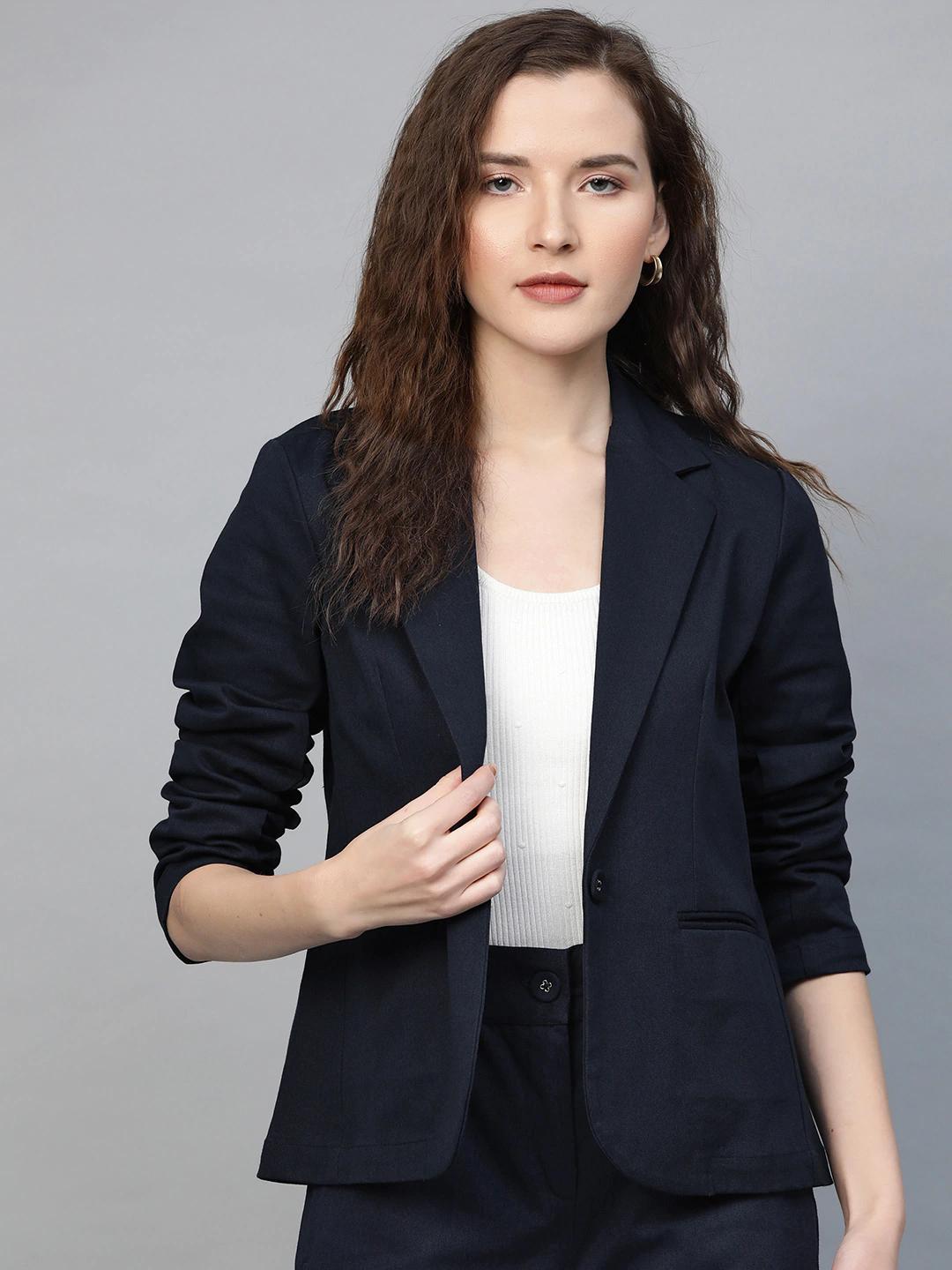 Women's Navy Twill Single Button Classic Blazer - SASSAFRAS