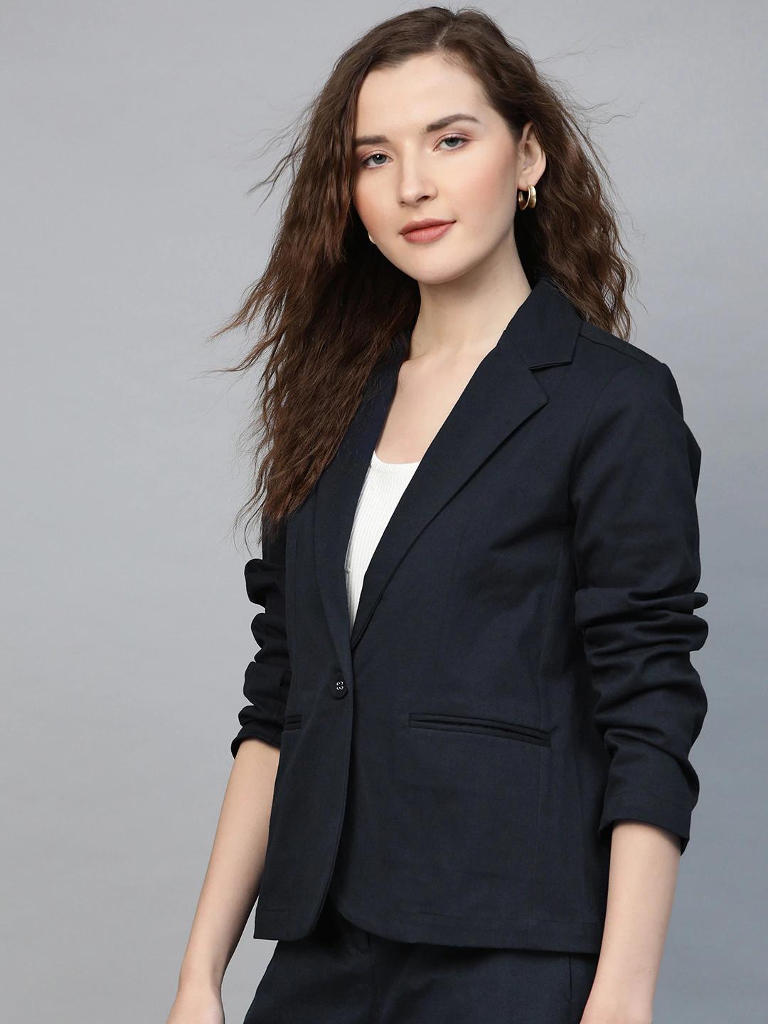 Women's Navy Twill Single Button Classic Blazer - SASSAFRAS