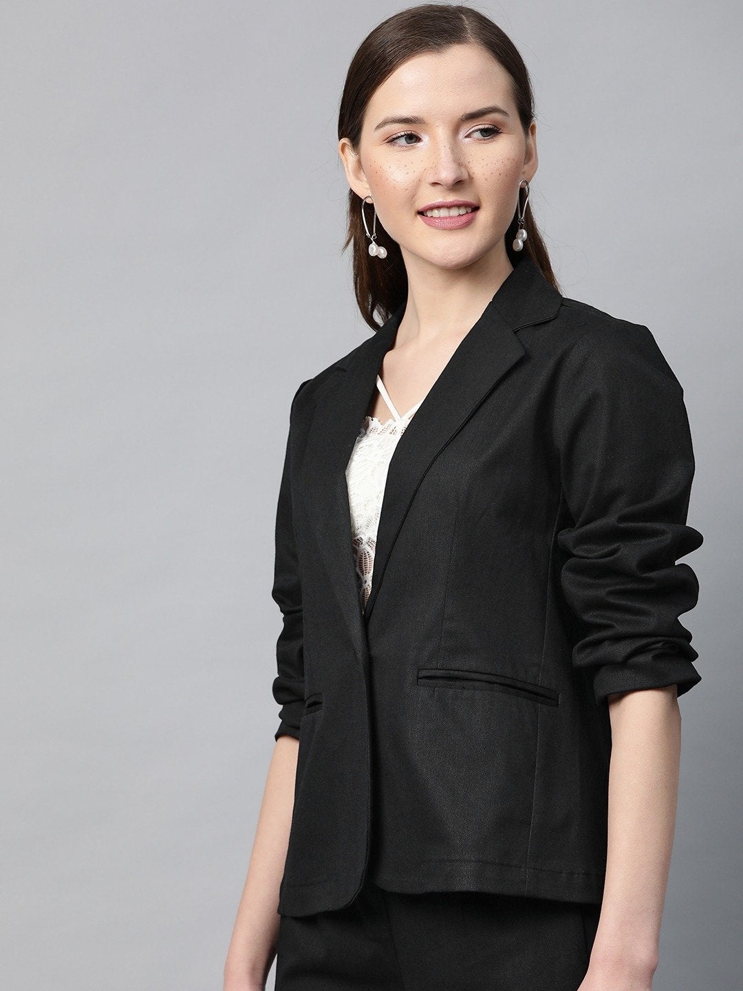 Women's Black Twill Single Button Classic Blazer - SASSAFRAS