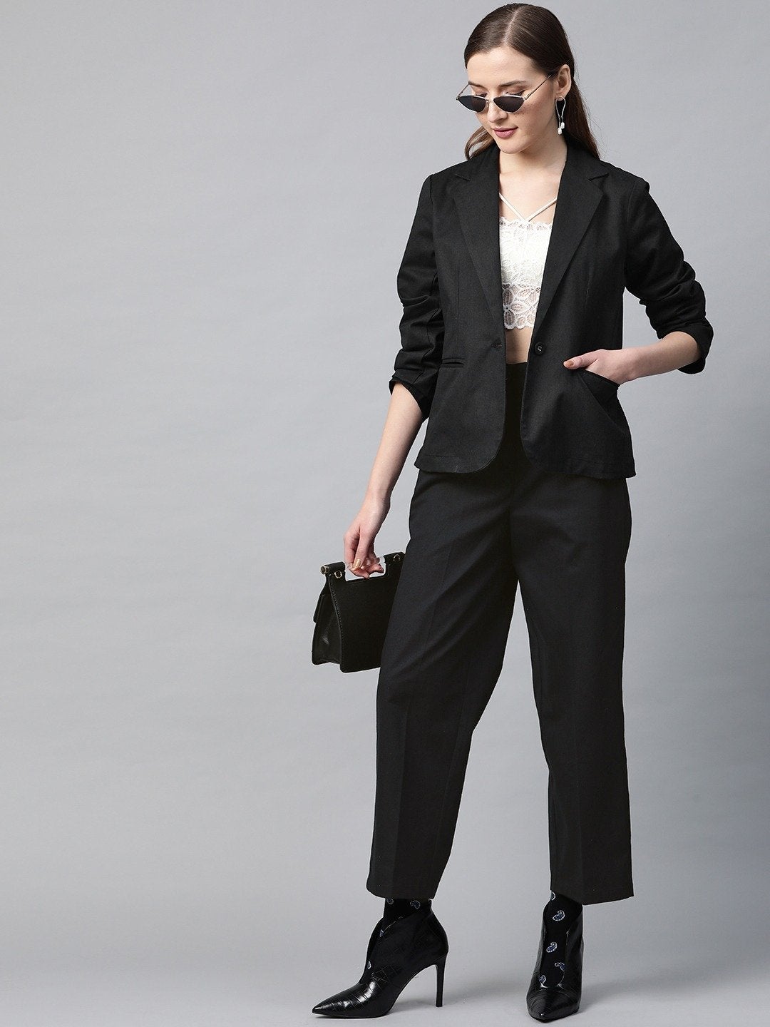 Women's Black Twill Single Button Classic Blazer - SASSAFRAS