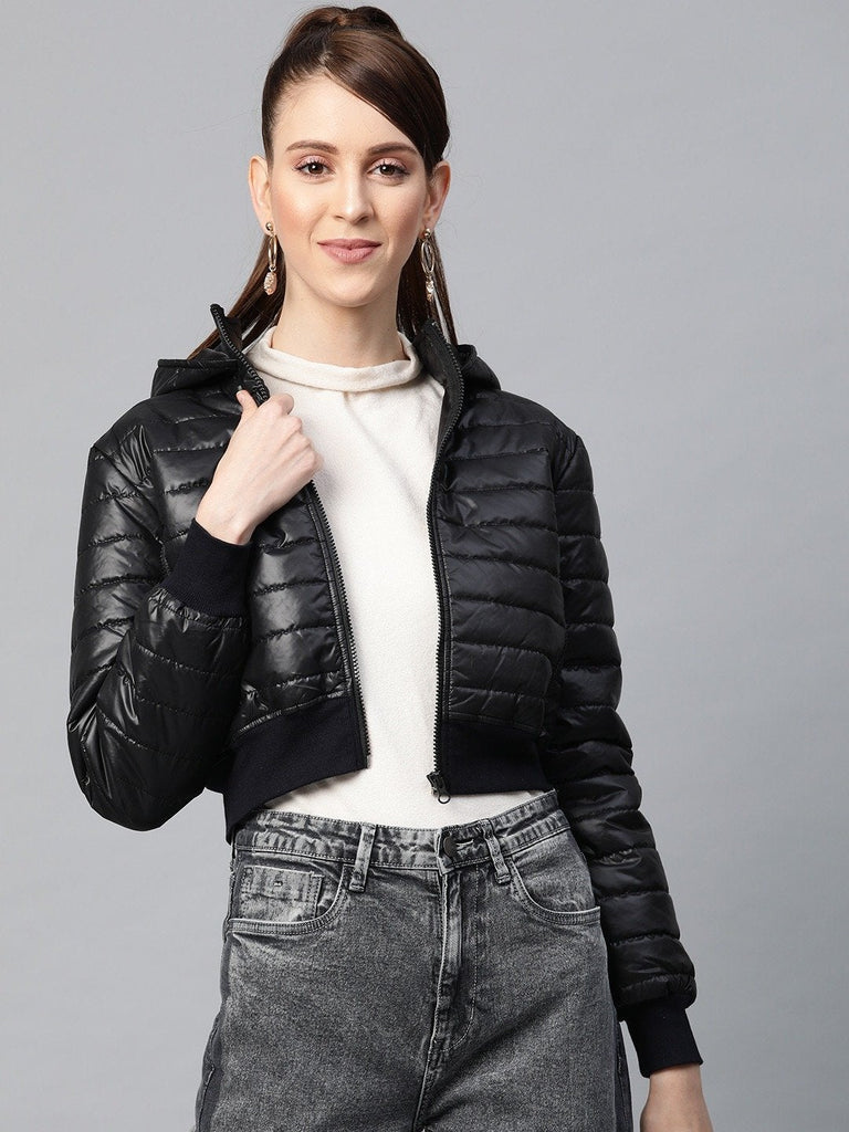 Women's Black Hooded Crop Bomber Puffer Jacket