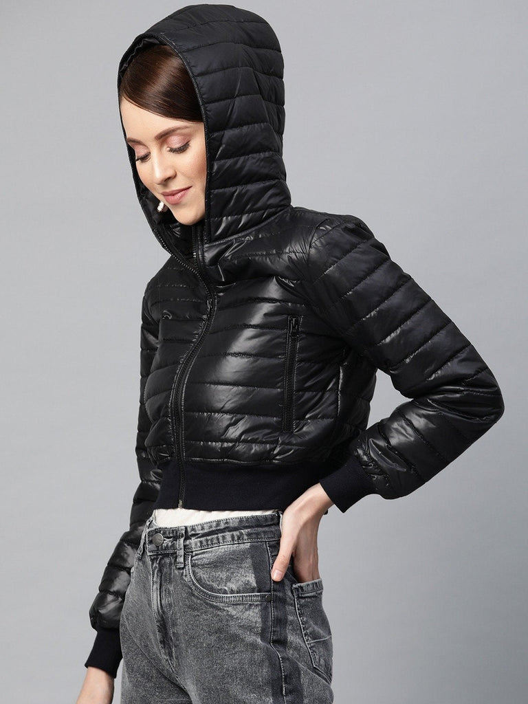 Women's Black Hooded Crop Bomber Puffer Jacket