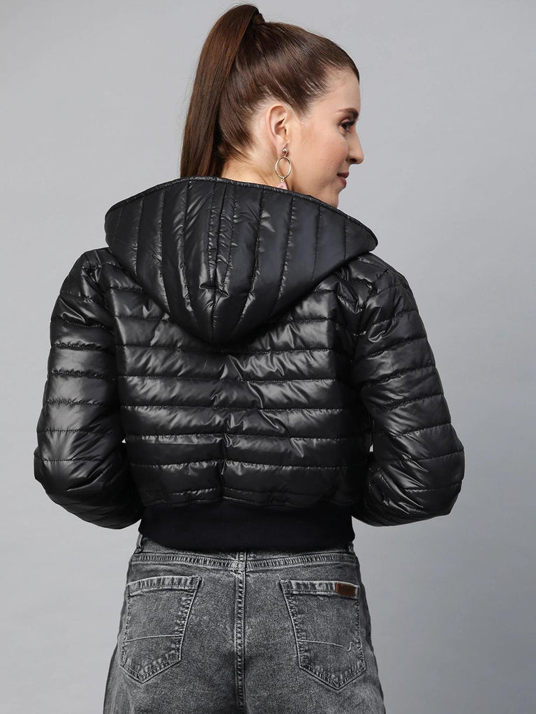 Women's Black Hooded Crop Bomber Puffer Jacket