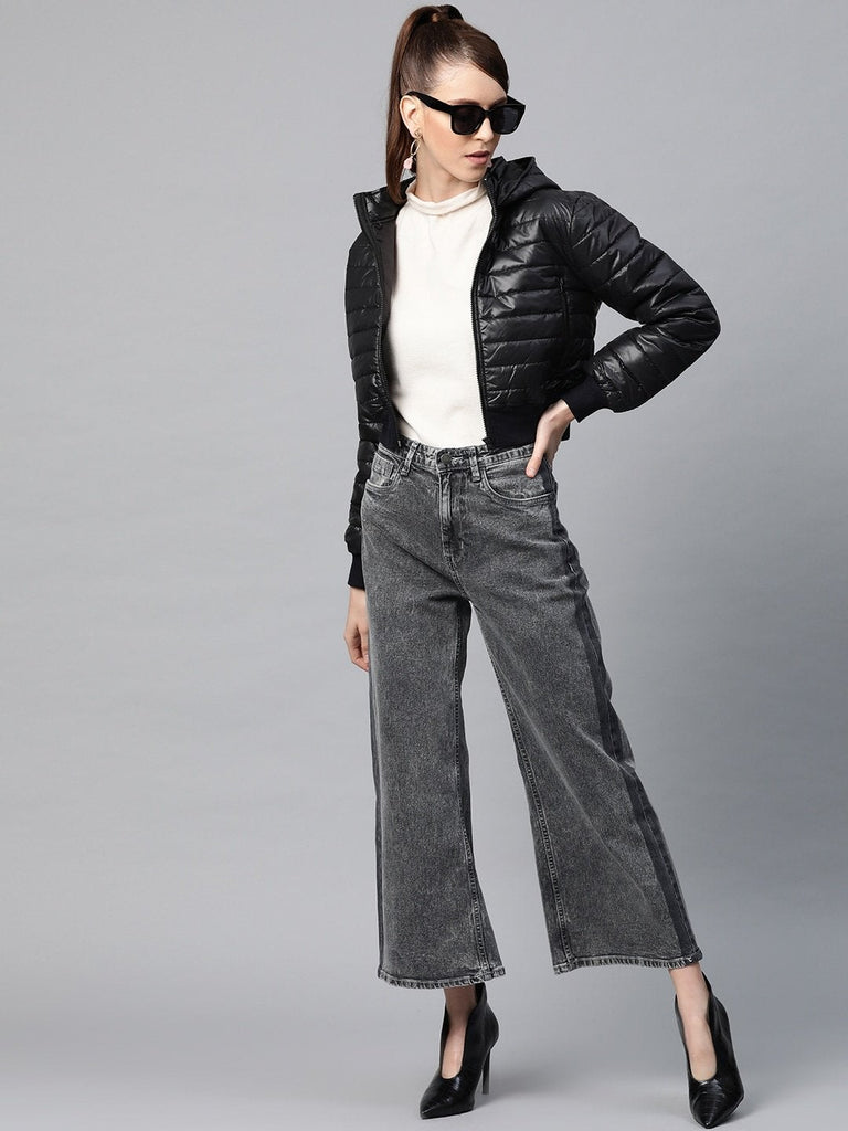 Women's Black Hooded Crop Bomber Puffer Jacket