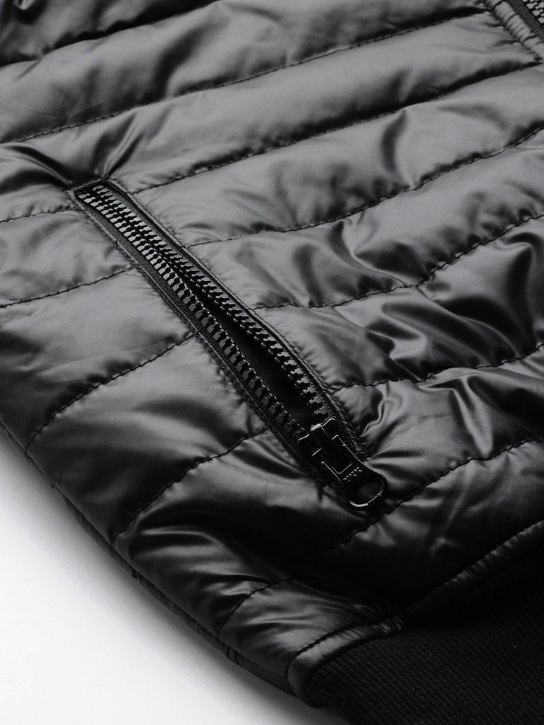 Women's Black Hooded Crop Bomber Puffer Jacket