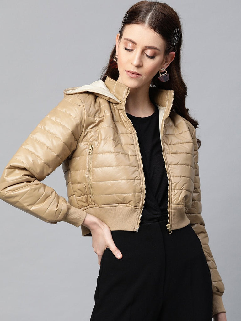 Women's Khaki Hooded Crop Bomber Puffer Jacket