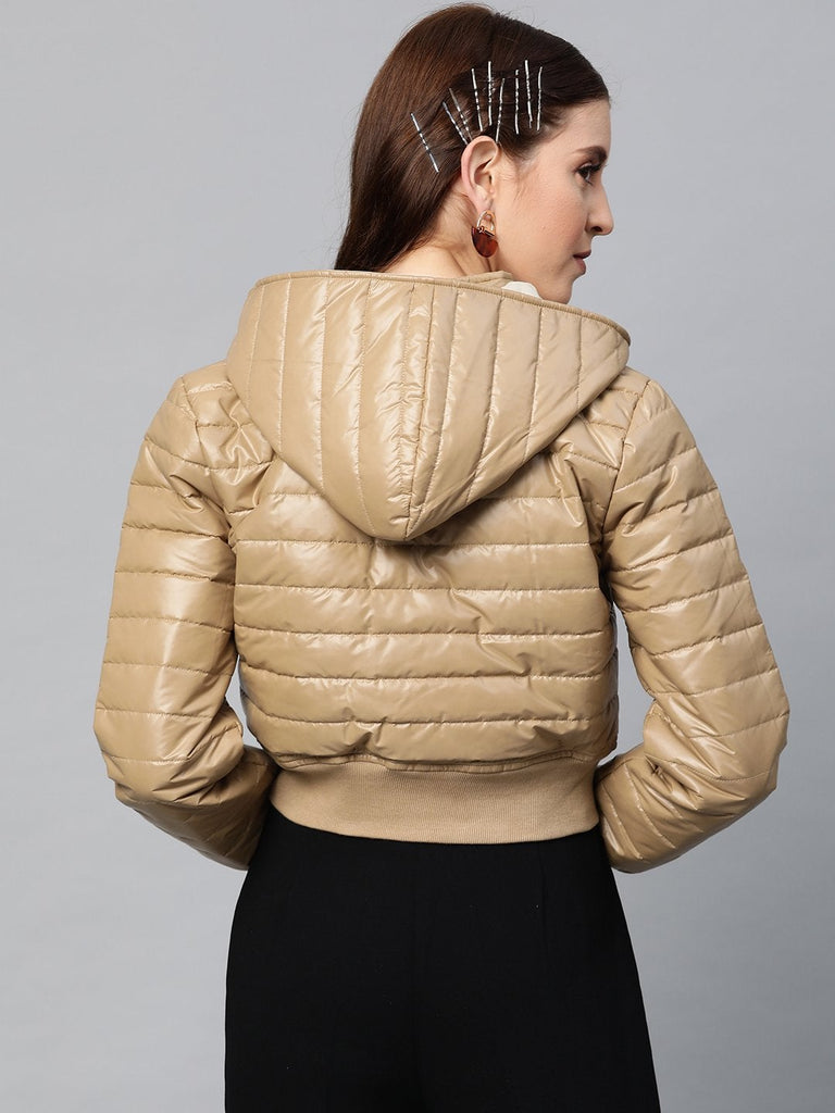 Women's Khaki Hooded Crop Bomber Puffer Jacket