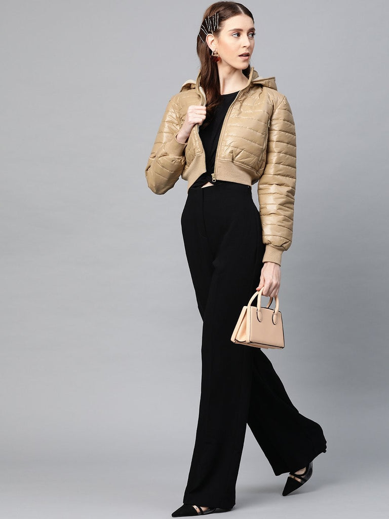 Women's Khaki Hooded Crop Bomber Puffer Jacket