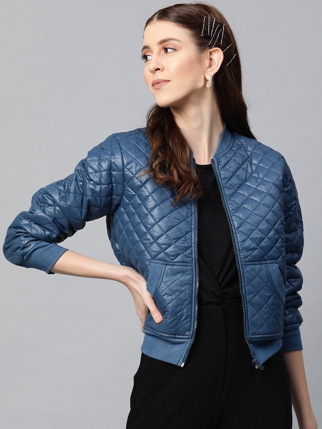 Women's Teal Quilted Bomber Jacket - SASSAFRAS