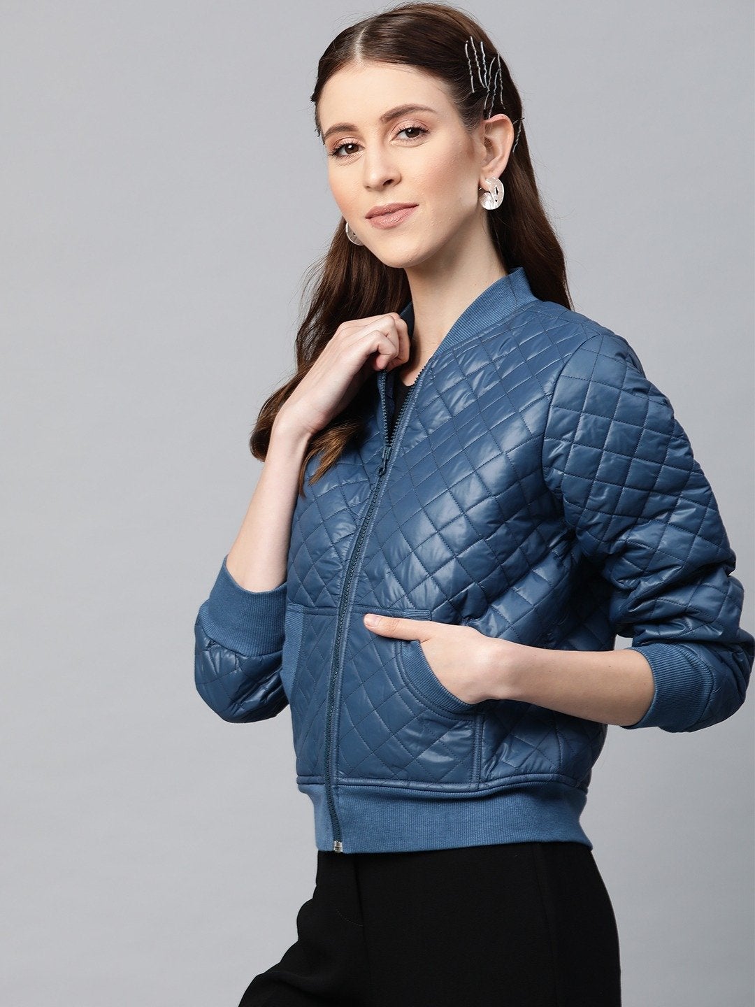 Women's Teal Quilted Bomber Jacket - SASSAFRAS